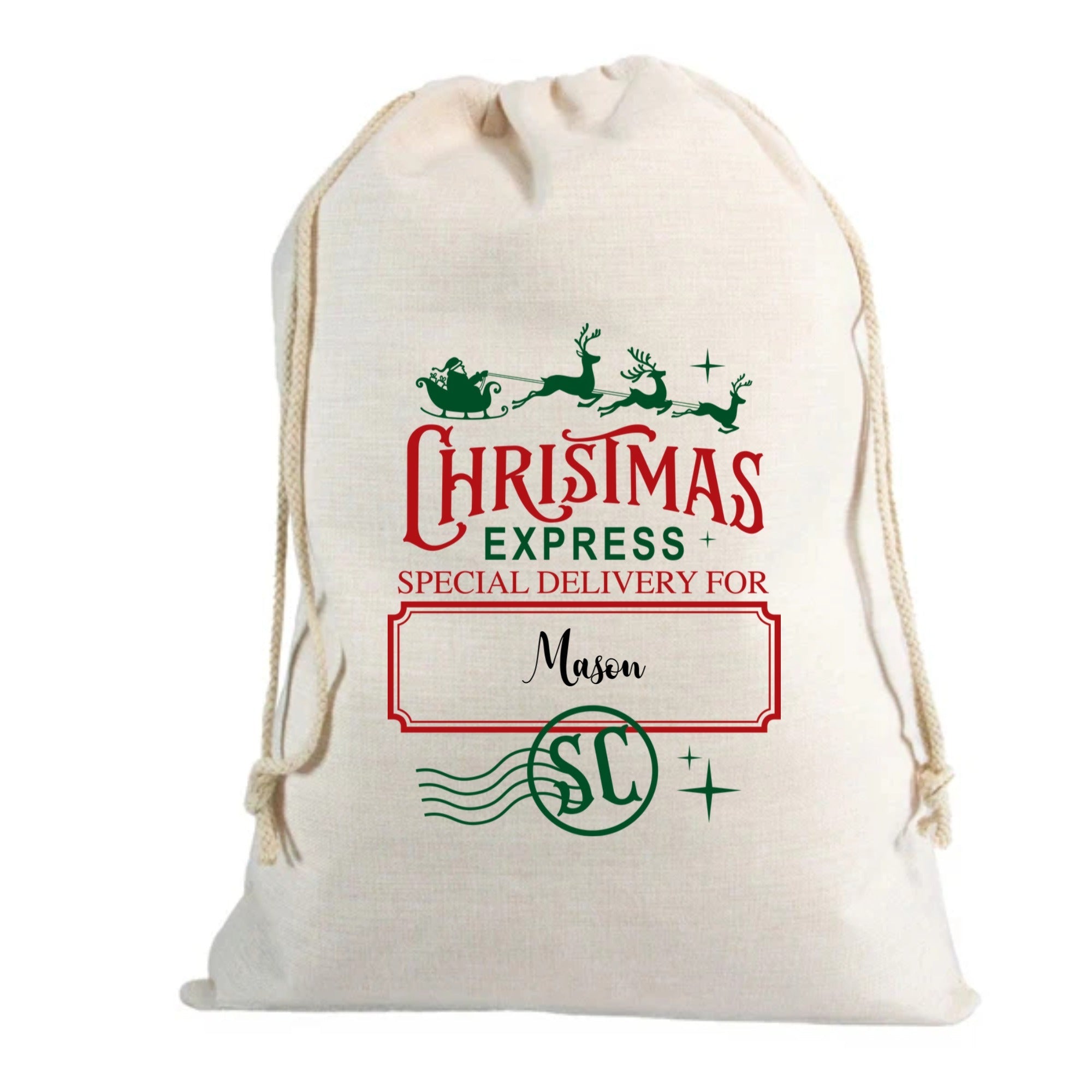 🎅 Personalised Christmas Express Custom Name Linen Santa Sack – 70 x 85cm