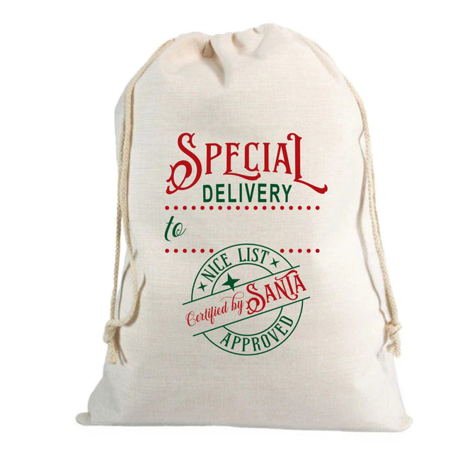 🎅 Personalised Special Delivery Printed Custom Name Linen Santa Sack – 70 x 85cm