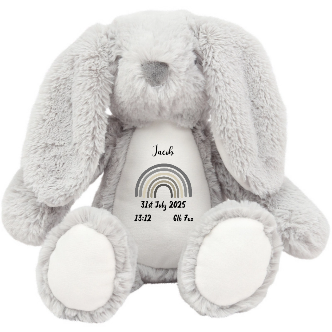 Welcome To The World Baby Scan Photo Personalised Grey Bunny Rabbit Animal Teddy Floppy Ears Cuddle Toy Plushie