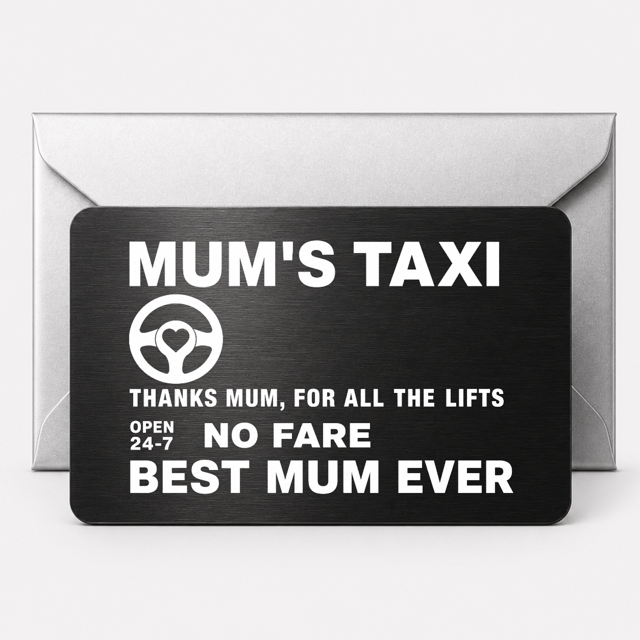 Engraved Black Metal Card Mum's Taxi Design