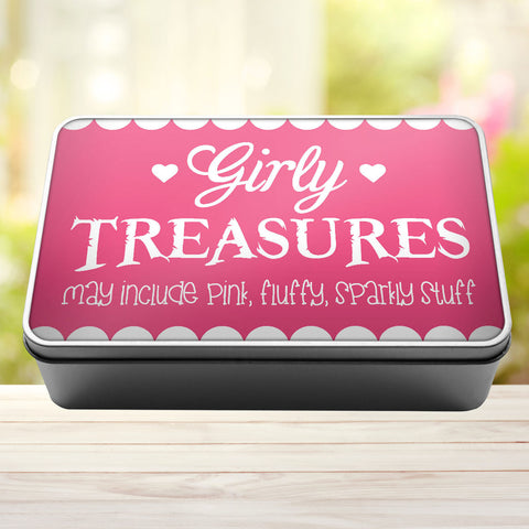 Girly Treasures May Include Pink, Fluffy, Sparkly Stuff Storage Rectangle Tin