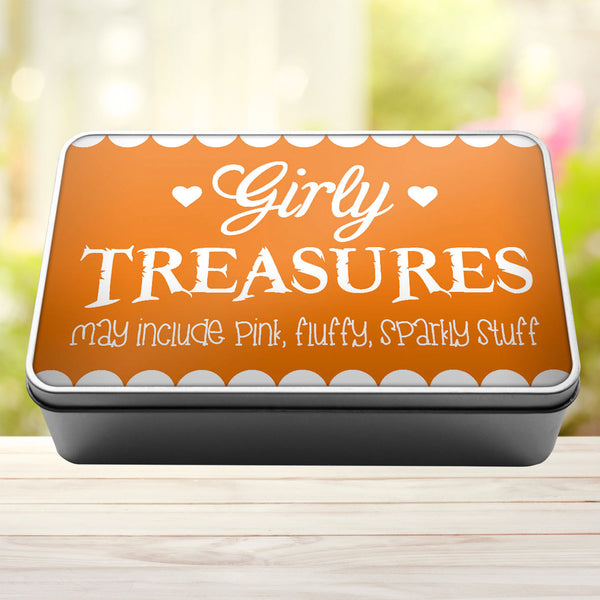 Girly Treasures May Include Pink, Fluffy, Sparkly Stuff Storage Rectangle Tin - 8