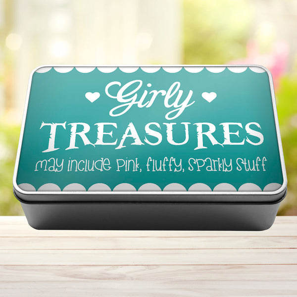 Girly Treasures May Include Pink, Fluffy, Sparkly Stuff Storage Rectangle Tin - 14
