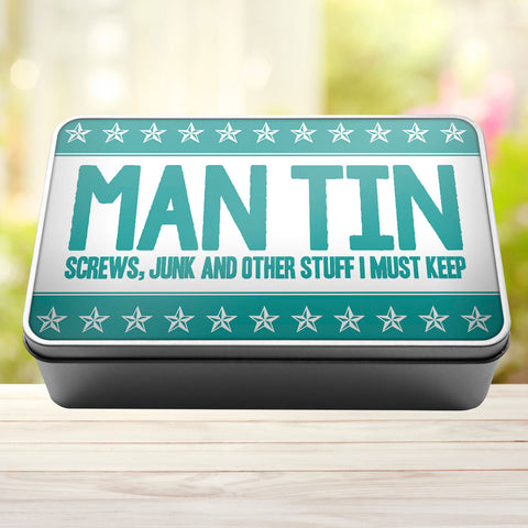 Buy turquoise Man Tin Screws, Junk and Other Stuff I Must Keep Storage Rectangle Tin