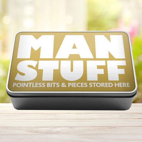 Buy gold Man Stuff Pointless Bits And Pieces Stored Here Tin Storage Rectangle Tin