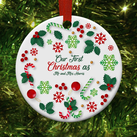 Personalised Christmas Disc Green Our First Christmas Mr and Mrs Christmas Decoration