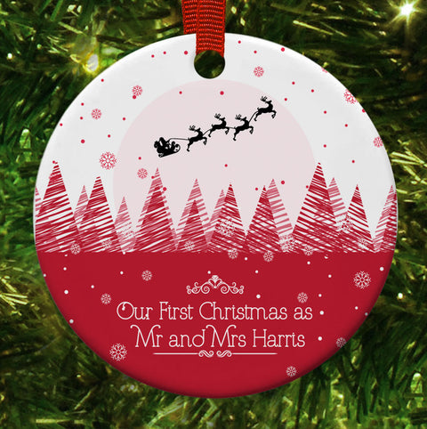 Personalised Christmas Disc Red Our First Christmas Mr and Mrs Christmas Decoration