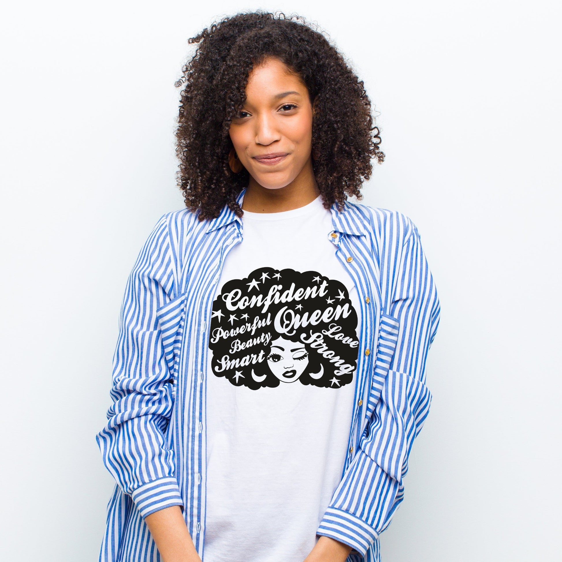Confident Powerful Queen Afro Hair Design White Gildan Tshirt - Perham Prints