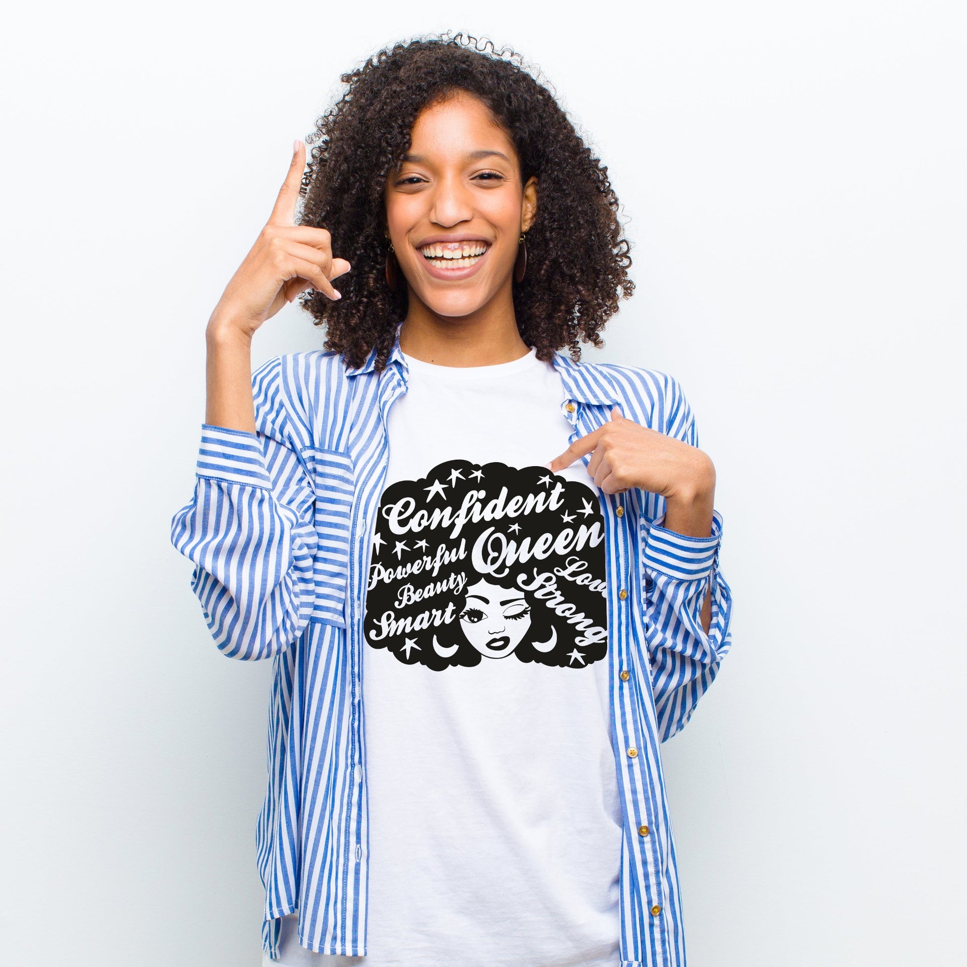 Confident Powerful Queen Afro Hair Design White Gildan Tshirt - Perham Prints