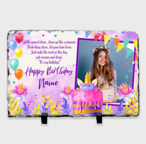 Personalised Birthday Message Purple Design Photo Slate