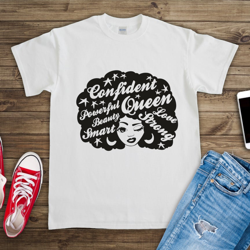 Confident Powerful Queen Afro Hair Design White Gildan Tshirt - Perham Prints