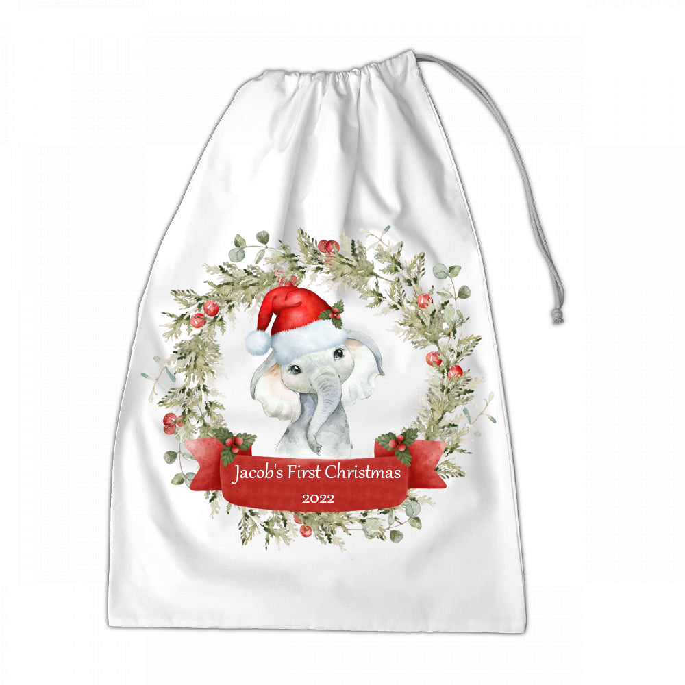Personalised Santa Sack XLarge 50x70cm Elephant Baby's First Christmas - Perham Prints