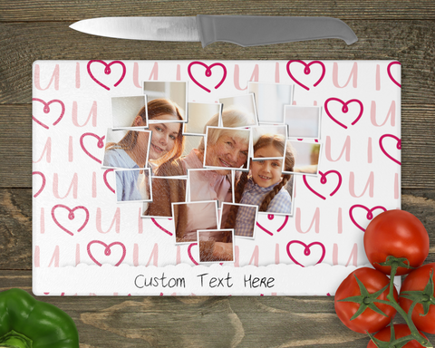 Heart Themed Chopping Board with Photo and text Personalised Chopping Board Frosted Glass