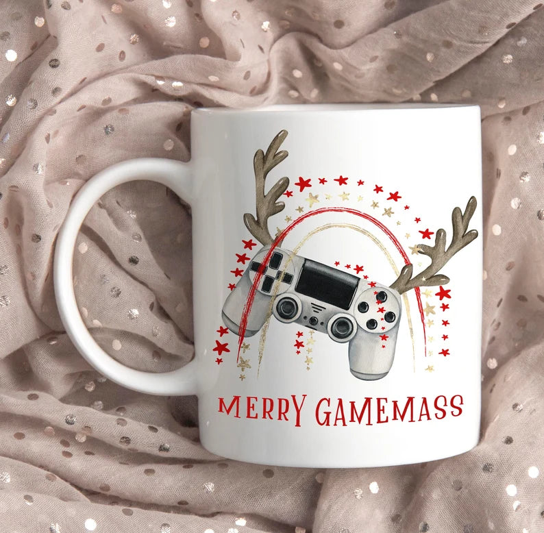 Merry Gamemass Playstation Theme Printed White Ceramic Mug - Perham Prints