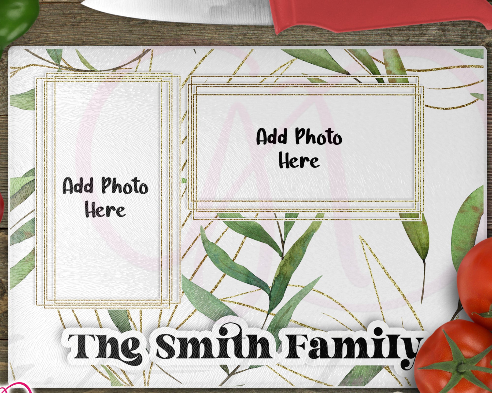 Custom Family Name Two Photo Golden Green Personalised Chopping Board Frosted Glass