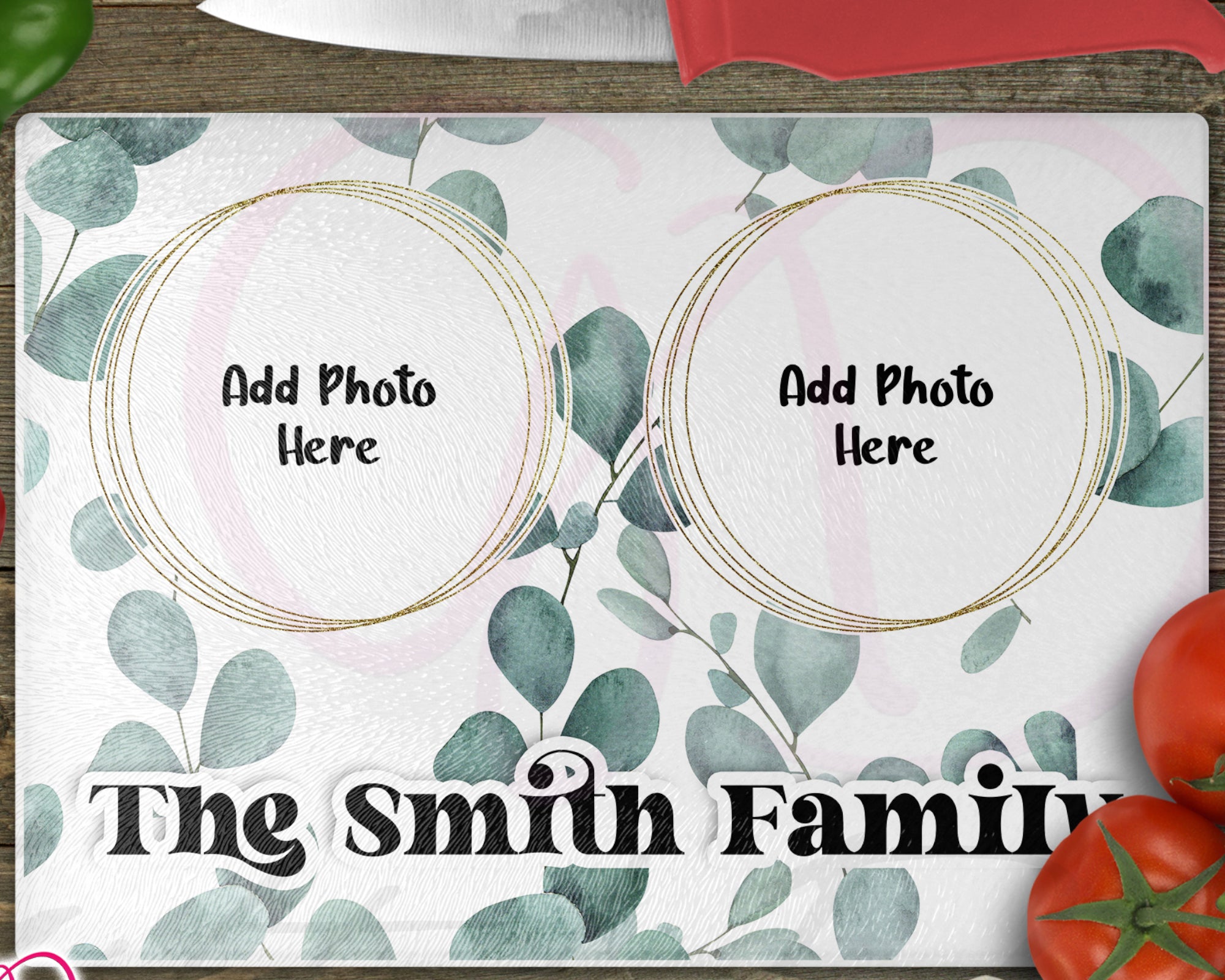 Custom Family Name Two Photo Golden Green Personalised Chopping Board Frosted Glass