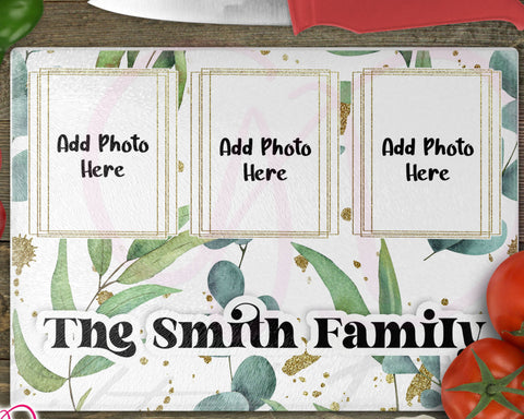 Custom Family Name Three Photo Golden Green Personalised Chopping Board Frosted Glass
