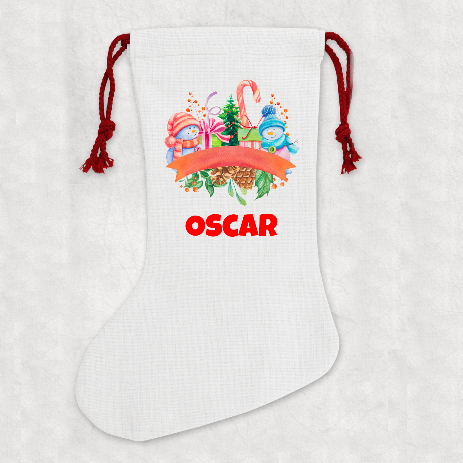 Personalised Linen Cream Christmas Stocking Name Snowman - Perham Prints