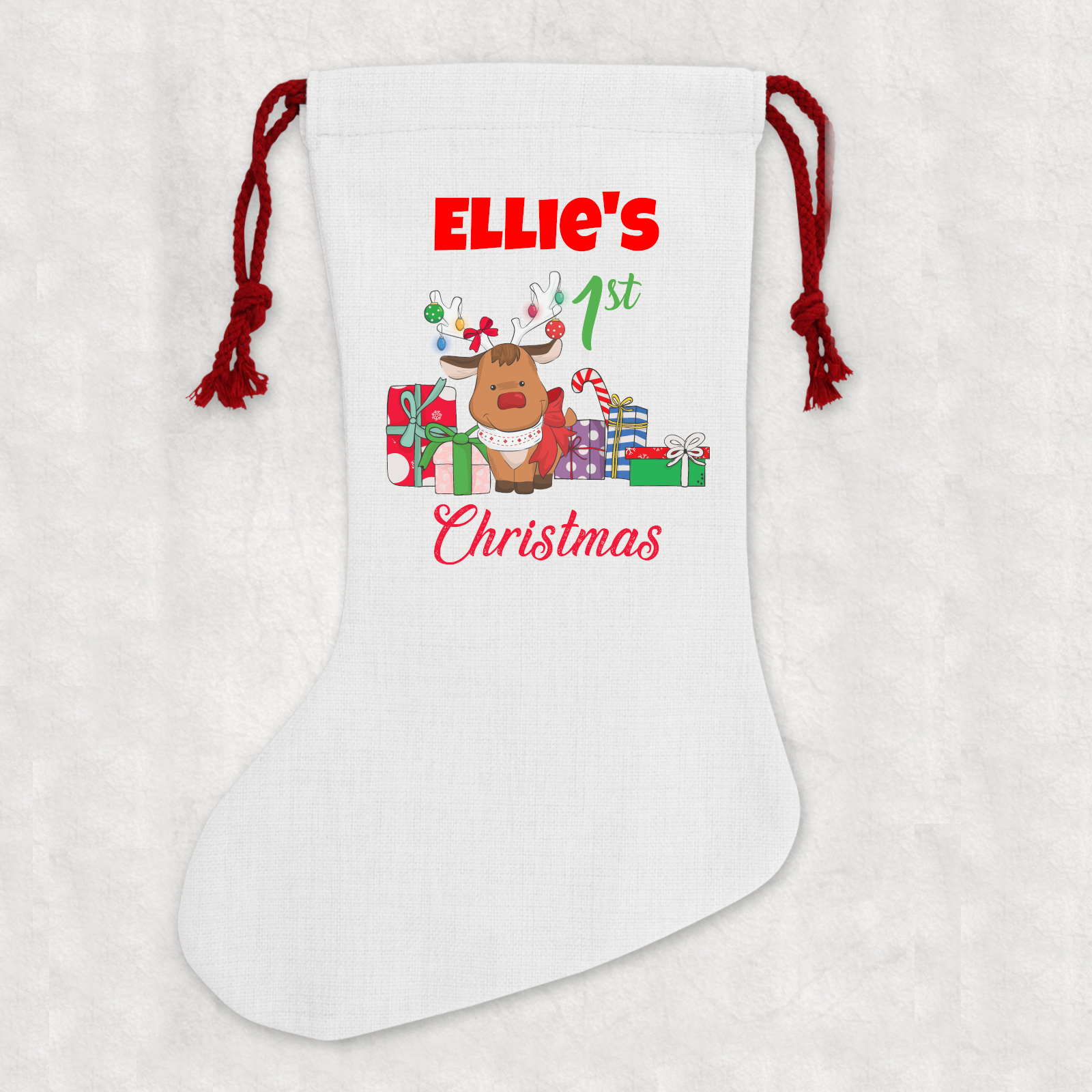 Personalised First Christmas Linen Cream Christmas Stocking Name Reindeer - Perham Prints