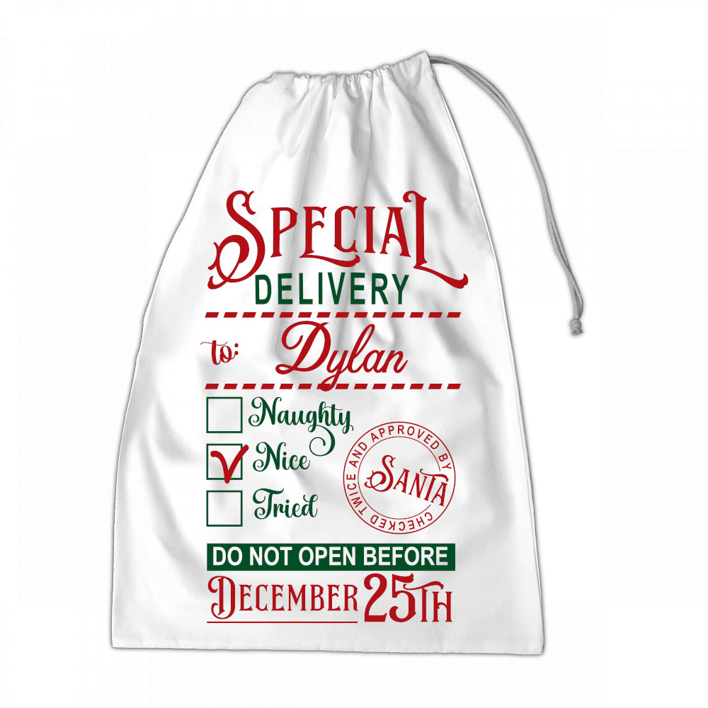 Personalised Santa Sack XLarge 50x70cm Special Delivery To NAME Naughty Nice Tried #2 - Perham Prints