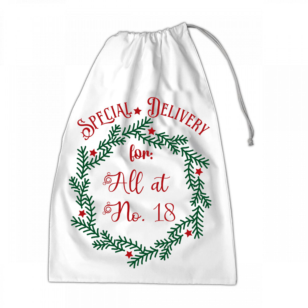 Personalised Santa Sack XLarge 50x70cm Special Delivery For NAME Wreath Design #9 - Perham Prints