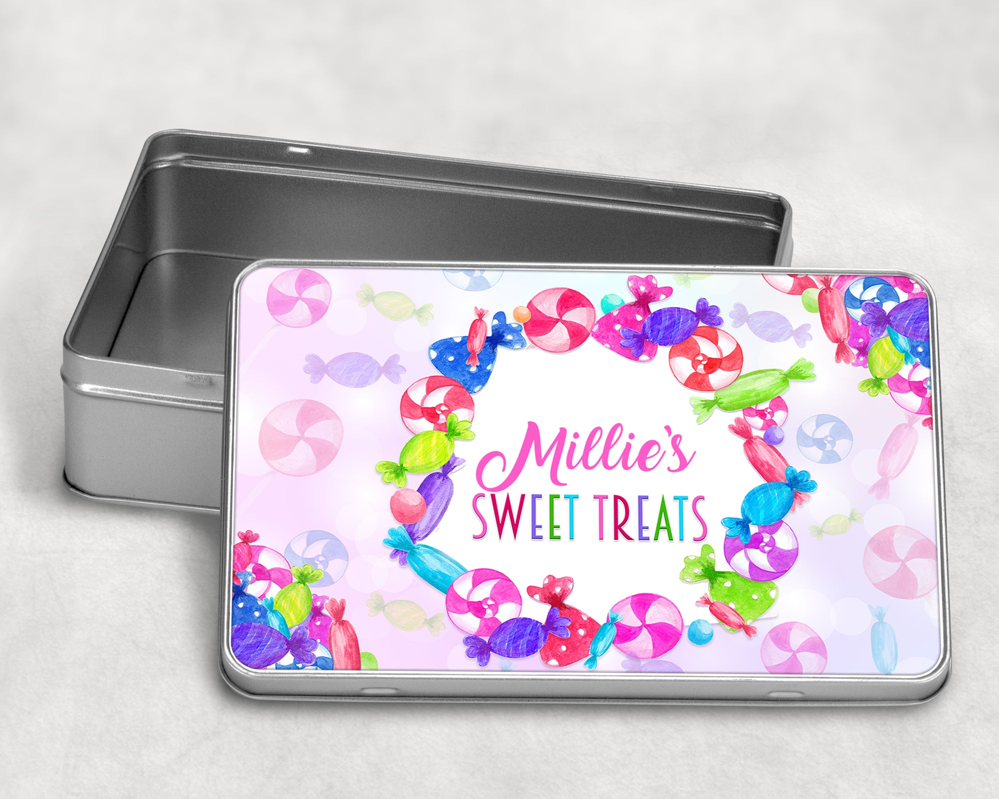 Metal Rectangle Tin Sweet Treats Personalised With Name Sweet Background